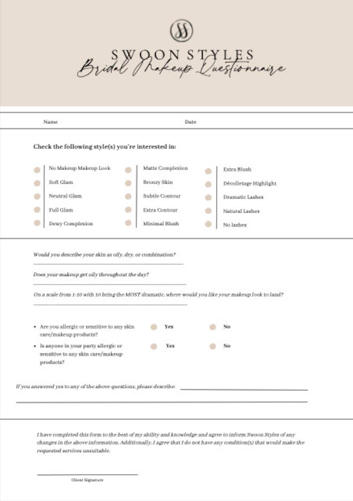 Bridal Hair and Makeup Questionnaire Customizable Templates Etsy