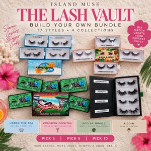 Può includere: Una collezione di set di ciglia finte etichettati Island Muse The Lash Vault. L'esposizione presenta varie scatole rettangolari con grafiche a tema tropicale, tra cui le collezioni Under The Sea, Colorful Cocktail, Into Da Jungle e Riddim.