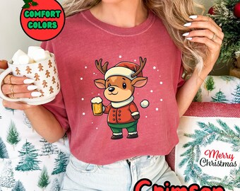 Camiseta unissex de cerveja de rena de Natal, camiseta gráfica de Natal, blusa festiva de Rudolph, vestuário para festa de Natal, camiseta engraçada de rena, camiseta de Natal