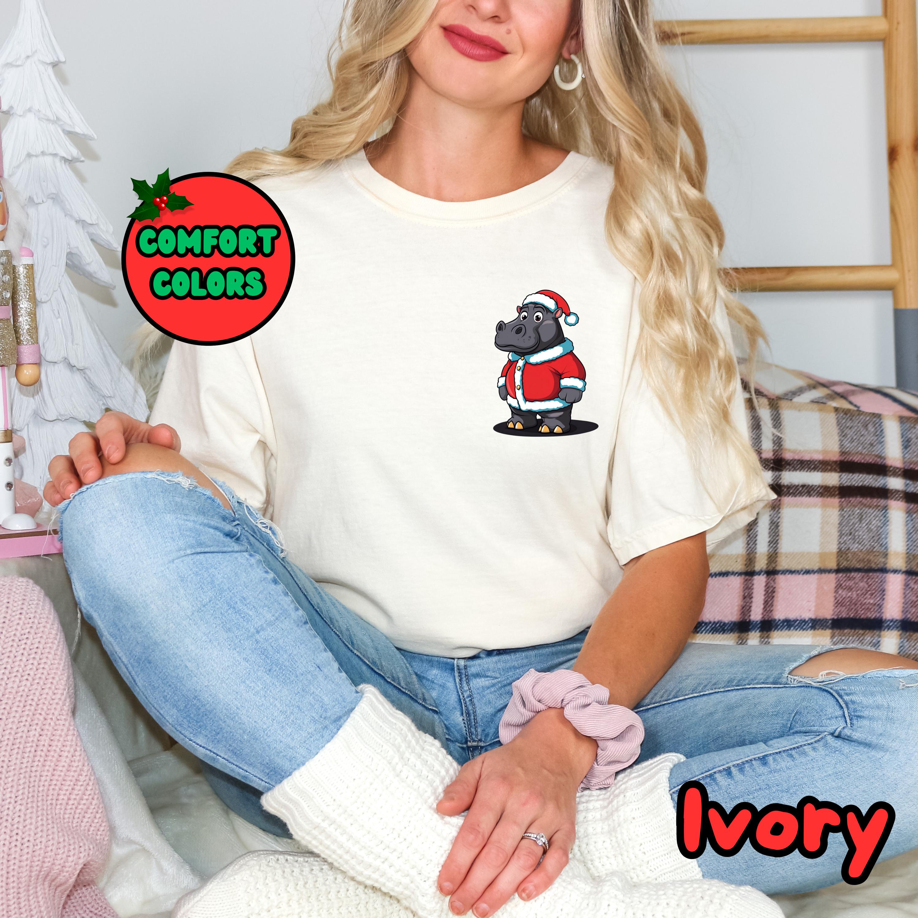 Camiseta unissex de hipopótamo de Natal, camiseta de animal de Natal, camiseta de hipopótamo festivo, roupa de presente de Natal, blusa de vida selvagem de inverno, camiseta de amante de hipopótamo
