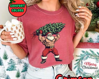 Camiseta unissex Muscle Santa, camiseta de Natal para levantamento de peso, camiseta de presente para fisiculturismo, vestuário para levantamento de peso, blusa festiva de levantamento de peso Santa