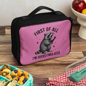 Cute Animal Lunch Bag, Insulated Cooler Tote for Kids, Over Stimulated Raccoon Design, Reusable Snack Sack, School Lunch Container,