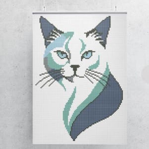 Op de afbeelding: Een witte kat met blauwe ogen en een blauw en groen patroon. De kat kijkt recht naar de kijker.