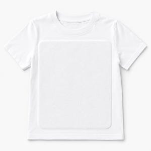 May include: A plain white short-sleeved t-shirt featuring a large, centered, rectangular patch with a subtle, textured surface. The garment has a classic crew neckline and a clean, uniform white color throughout the entire design.
