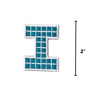 May include: Embroidered teal letter "I" patch with a white border. The patch is approximately 5 cm tall and features a grid-like pattern within the letter. Suitable for customising clothing or accessories.