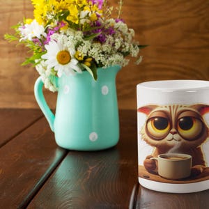 Taza de café con forma de gato de ojos grandes: adorable y divertido gato de dibujos animados tomando café: regalo perfecto para amantes de los gatos y entusiastas de la cafeína