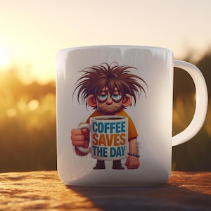 Funny Coffee Saves the Day Mug – Hilarious Sleepy Cartoon Character Coffee Mug, Perfect Gift for Coffee Addicts, Morning Strugglers