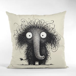 Funny Furry Elephant Pillow - Quirky Cartoon Elephant with Wild Hair - Playful and Whimsical Decor Accent for Couch, Bed, Nursery