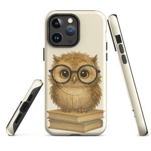 May include: A phone case with a watercolour illustration of a brown owl wearing spectacles, sitting on a stack of books. The case has a cream background with black accents and is designed for a smartphone.