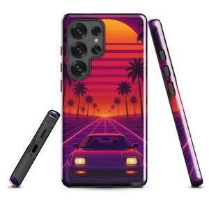 Retro 80s Synthwave Samsung Case: Neon Sunset Car Design