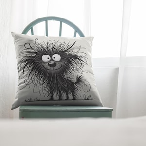 Funny Fuzzy Dog Throw Pillow - Quirky Black and White Cartoon Dog Pillow Case - Perfect for Dog Lovers, Home Decor, Couch, Bed