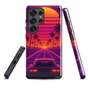 Retro 80s Vaporwave Car Phone Case: Neon Sunset Art, Tough Samsung Case