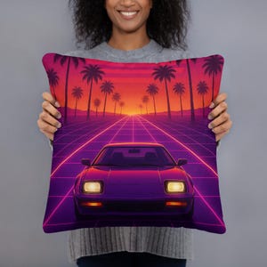 Synthwave Car Throw Pillow: Neon Sunset, Retro 80s Decor