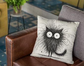 Almofada decorativa engraçada com estampa de gato preto: almofada com ilustração peculiar de gatinho