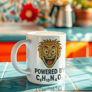 Puede incluir: Taza de cerámica blanca con una cara de dibujos animados y el texto "POWERED BY C8H10N4O2". La taza tiene un asa curva y está sobre una superficie de baldosas azules. El fondo incluye un estampado floral.