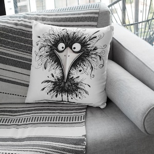 Divertida almohada de pájaro peludo - Cojín de pájaro de dibujos animados en blanco y negro - Adorno animal caprichoso para sofá, cama o habitación infantil