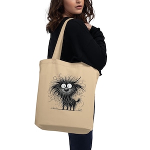Funny Fuzzy Dog Tote Bag - Adorable Cartoon Dog Illustration Eco-Friendly Canvas Bag, Perfect Gift for Dog Lovers Grocery Shopping