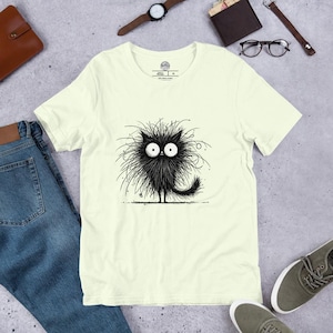 Funny Fluffy Cat Cartoon T-Shirt – Cute Black and White Cat Illustration Tee for Cat Lovers, Unisex