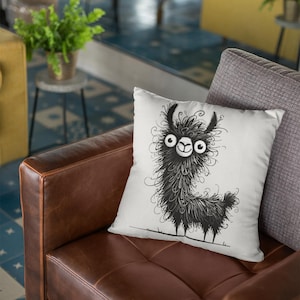 Divertida almohada de llama peluda: cojín de llama con dibujos animados en blanco y negro peculiares: detalle divertido y caprichoso para sofá, cama o habitación de bebé