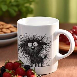 Funny Fluffy Dog Mug – Adorable Black & White Cartoon Dog Coffee Mug – Perfect Gift for Dog Lovers and Humor Enthusiasts