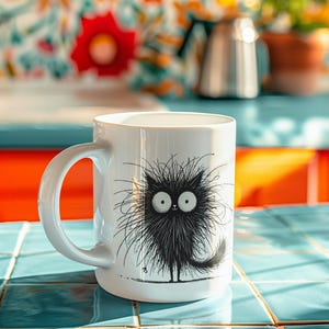 Divertida taza de gato esponjoso: adorable taza de café con dibujos de gatos en blanco y negro: regalo único para amantes de los gatos, bebedores de té y entusiastas de los animales