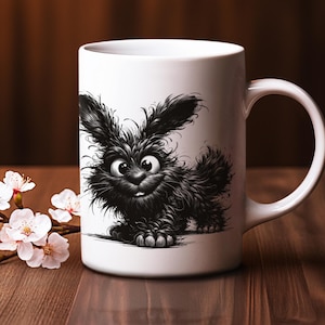 Divertida taza de conejo esponjoso: adorable taza de café con dibujo de conejo en blanco y negro: regalo perfecto para amantes de los animales y fanáticos del humor peculiar