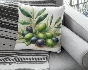 Watercolor Olive Branch Pillow: Mediterranean Home Decor