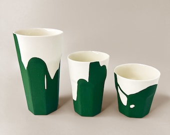 Handmade Porcelain Coffee Mug: Green & White Modern Drinkware