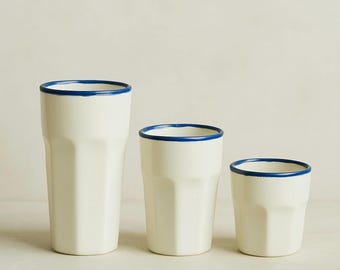PORCELAIN COFFEE MUG, Handleless Ceramic Mug, Blue Rim Glossy Porcelain Tumbler, Modern Minimal Mug, Nova Line Mug, 6–12 oz