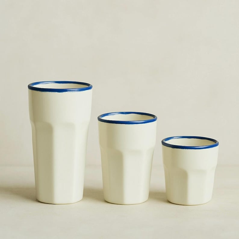 Small Mugs Less PORCELAIN COFFEE MUG, Handleless Ceramic Mug, Blue Rim Glossy Porcelain ...