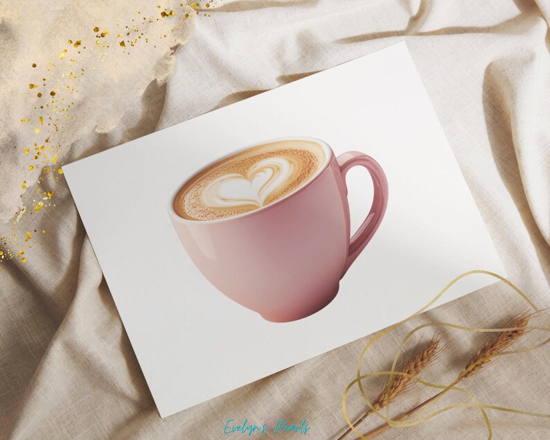 Pu&ograve; includere: Una tazza di ceramica rosa piena di un latte con un design a forma di cuore nella schiuma.