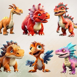 May include: Six cartoon dinosaurs in various poses. The dinosaurs are red, orange, and purple. They have large eyes and are smiling.