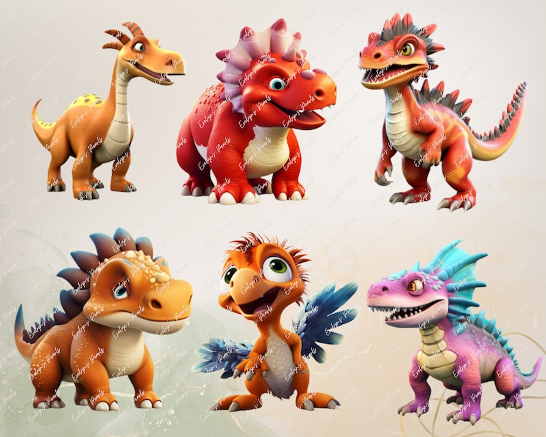 May include: Six cartoon dinosaurs in various poses. The dinosaurs are red, orange, and purple. They have large eyes and are smiling.