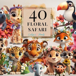 Safari Clipart Floral Safari Animals PNG Safari Friends Clipart Jungle Animal PNG Birthday Decor Clipart| Commercial Use Clipart Transparent