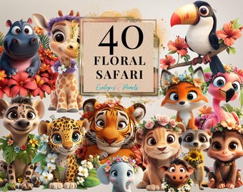 May include: A colorful illustration featuring 40 floral safari animals, including a giraffe, tiger, fox, toucan, and elephant. The animals are surrounded by flowers and greenery. The text "40 Floral Safari" is displayed in a banner.