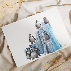 Puede incluir: Un grupo de ping&uuml;inos de dibujos animados de pie sobre una formaci&oacute;n de hielo azul y blanco. Los ping&uuml;inos est&aacute;n todos mirando hacia adelante y tienen ojos y picos negros. La formaci&oacute;n de hielo est&aacute; hecha de varias capas y tiene un borde irregular.