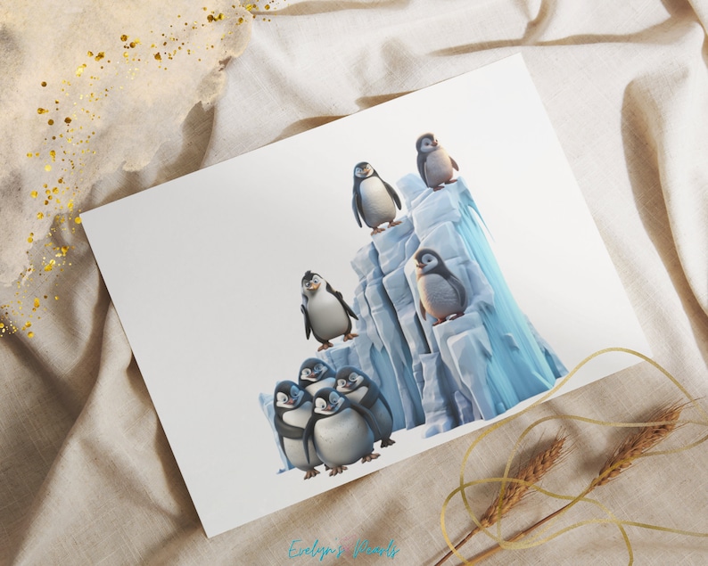 Puede incluir: Un grupo de ping&uuml;inos de dibujos animados de pie sobre una formaci&oacute;n de hielo azul y blanco. Los ping&uuml;inos est&aacute;n todos mirando hacia adelante y tienen ojos y picos negros. La formaci&oacute;n de hielo est&aacute; hecha de varias capas y tiene un borde irregular.