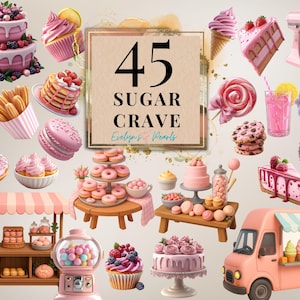 Clipart Sugar Crave, roze bakkerijtaarten, donuts, cupcakes, ijs en snoep, dessertvoedsel clipart voor ambacht met zoet thema, hoge kwaliteit, png