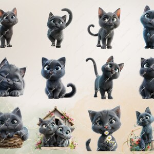 May include: A collection of 12 digital images featuring cute, cartoon-style gray kittens in various poses. The kittens are depicted with large eyes, fluffy fur, and playful expressions. Some kittens are sitting, some are lying down, and some are standing. The images are perfect for use in digital scrapbooking, card making, or other creative projects.