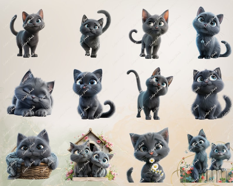 May include: A collection of 12 digital images featuring cute, cartoon-style gray kittens in various poses. The kittens are depicted with large eyes, fluffy fur, and playful expressions. Some kittens are sitting, some are lying down, and some are standing. The images are perfect for use in digital scrapbooking, card making, or other creative projects.