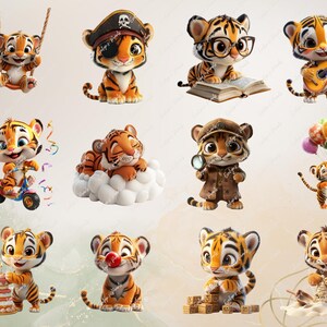 May include: Ten digital illustrations of cute cartoon tiger cubs in various poses. The cubs are wearing different outfits and accessories, including a pirate hat, a detective coat, and a birthday hat. The illustrations are perfect for use in children's books, greeting cards, or other creative projects.