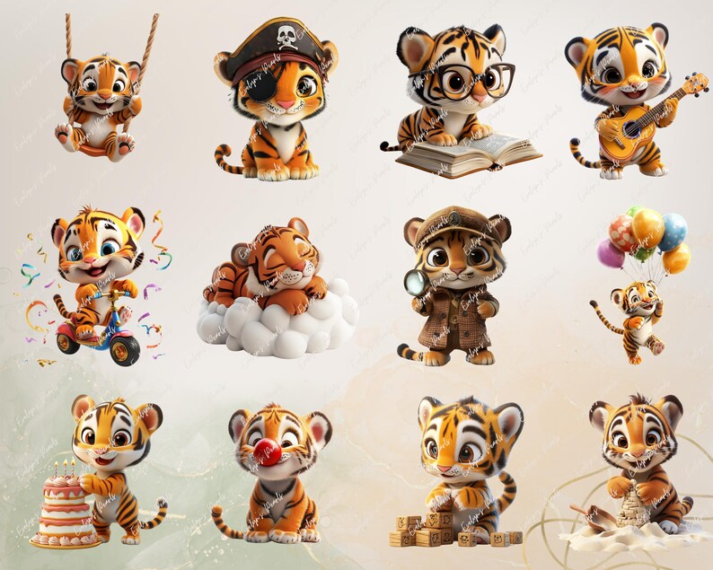 May include: Ten digital illustrations of cute cartoon tiger cubs in various poses. The cubs are wearing different outfits and accessories, including a pirate hat, a detective coat, and a birthday hat. The illustrations are perfect for use in children's books, greeting cards, or other creative projects.