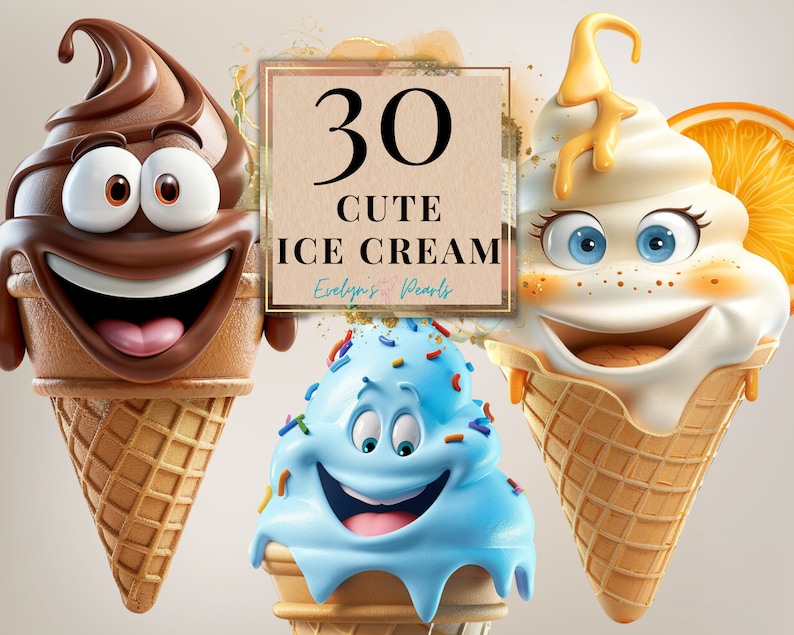 Może przedstawiać: 30 Słodkich Lod&oacute;w - Evelyn's Pearls. Trzy kresk&oacute;wkowe lody w wafelkach z uśmiechającymi się buziami. Jeden jest czekoladowy, drugi waniliowy z plasterkiem pomarańczy, a trzeci niebieski z posypką.