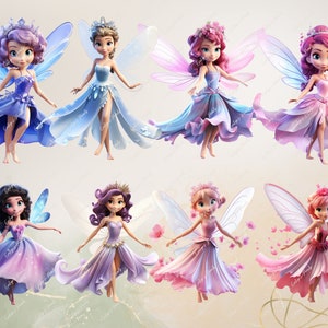 May include: Eight fairies with wings and flowing dresses in various shades of pink, purple, and blue. Each fairy has a crown and a different hairstyle. The fairies are flying against a white background.
