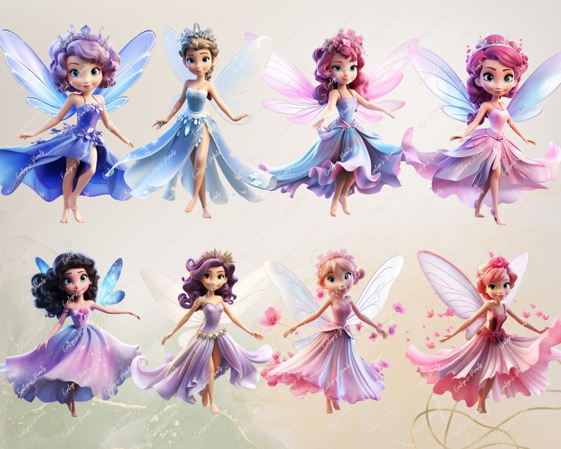 May include: Eight fairies with wings and flowing dresses in various shades of pink, purple, and blue. Each fairy has a crown and a different hairstyle. The fairies are flying against a white background.