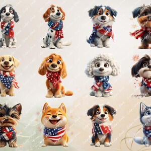 Alt Text 4:
Grid of 12 patriotic dogs including poodles, yorkies, labs, huskies, and terriers wearing American flag-themed scarves and smiling, posed on a white background.