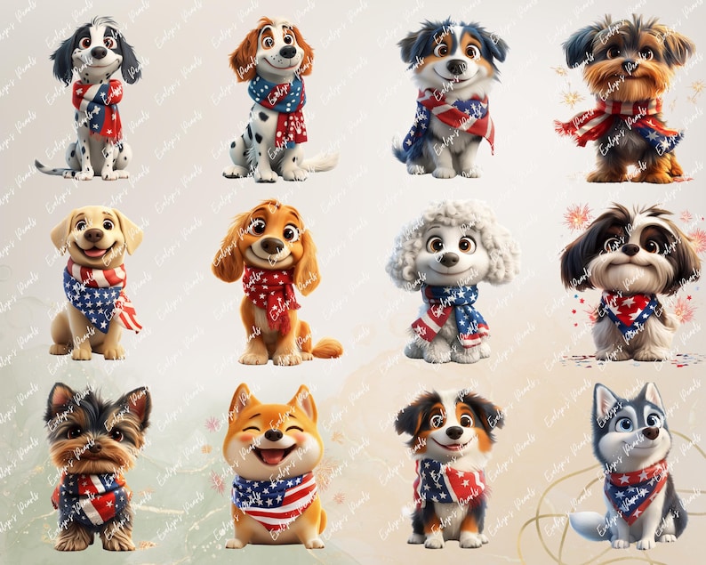 Alt Text 4:
Grid of 12 patriotic dogs including poodles, yorkies, labs, huskies, and terriers wearing American flag-themed scarves and smiling, posed on a white background.