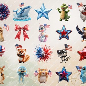 A bunny and a skunk holding American flags, surrounded by stars and summer symbols, designed in 3D cartoon style for holiday projects.
