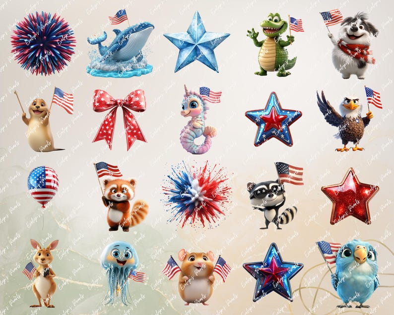 A bunny and a skunk holding American flags, surrounded by stars and summer symbols, designed in 3D cartoon style for holiday projects.