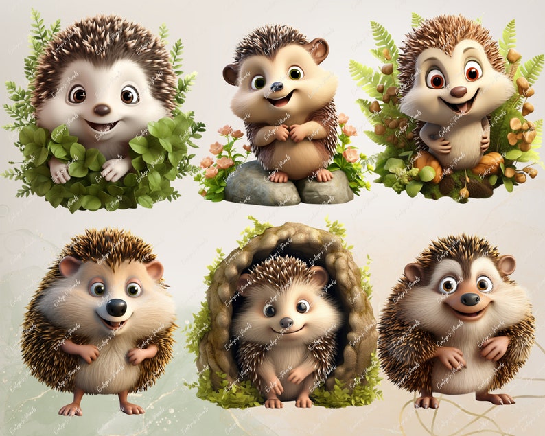 May include: Six cartoon hedgehogs with brown and white fur, brown eyes, and black noses. The hedgehogs are in various poses, some are standing, some are sitting, and some are peeking out of a hollow log. The hedgehogs are surrounded by green leaves and brown branches.